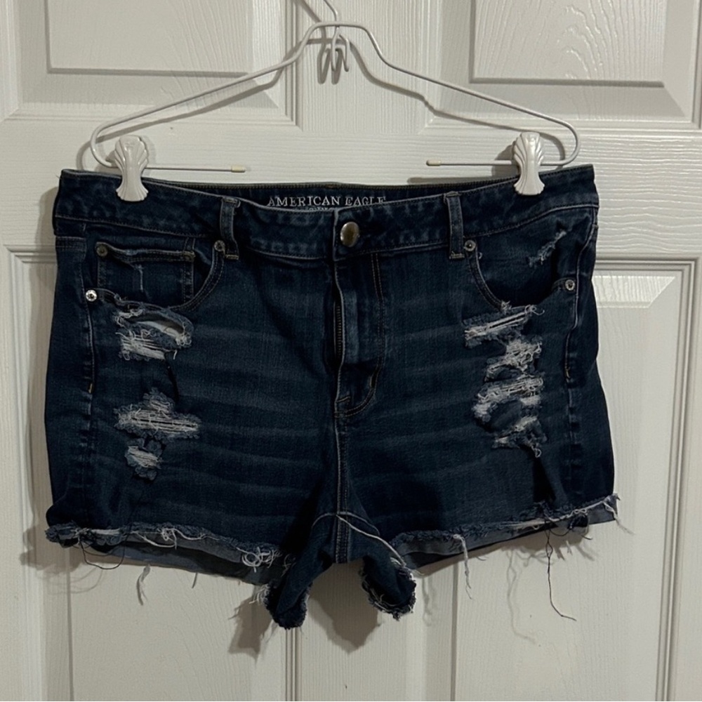 American Eagle Outfitters Women's Dark Blue Distressed Jean Shorts